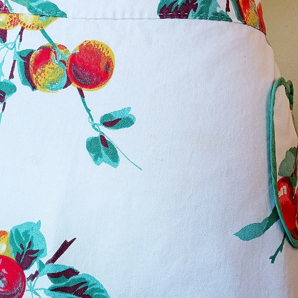 VINTAGE Handmade Apron Apples Linen Mcm White Green Scalloped Trim 50s 60s - Picture 7 of 9